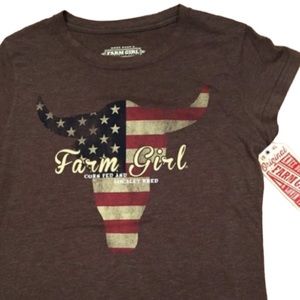 Women’s Farm Girl Brand Bull American Flag Brown Tee Small
